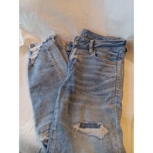 American Eagle Jegging Crop Blue Distressed Raw Hem Skinny Jeans Womens Size 8